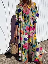 ieftine Rochii cu dungi și geometrice-Pentru femei Rochie Maxi Rochie A line Casual În aer liber Ieșire Fit regulat Floral Manșon Lung În V Alb Albastru piscină Portocaliu Trifoi Vară Primăvară
