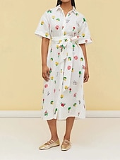 abordables concevoir des robes en coton et lin-Femmes Robe Longue Maxi Robe Robes en coton et lin Robe Décontractée Mode Extérieur Soirée Fête Coupe régulière Fleur Manche Courte Col de chemise Blanche Été