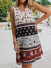 tanie Sukienki boho-Damskie Sukienka mini Sukienka w kwiatki Sukienka Boho Sukienka z nadrukiem Moda Klasyczny Nowoczesny Urlop Codzienny Święto Regularny Kwiat Bez rękawów W serek Czarny Lato