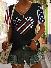 abordables Top jour de l’indépendance-T-shirt patriotique pour femmes graphique drapeau drapeau national élégant décontracté rouge blanc et bleu à manches courtes col en V régulier tops quotidiens impression noir été printemps