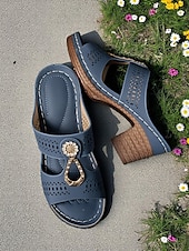 billige Uformelle sandaler-damesandaler med grov hæl – hult strass-design, retrospennedekor, komfortabel såle, for turer utendørs, hage og uformelle sommerantrekk