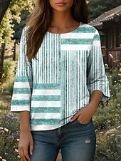 billige Kvinne Striper &amp; Geometriske Topper-Dame Bluse Grafisk Stripet Bohem Daglig Etnisk 3/4 ermer Crew-hals Vanlige topper Daglig Ferie Trykt mønster Blå Lilla Grønn Kakifarget Sommer Vår