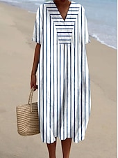 tanie Sukienki w paski i geometryczne-Damskie Sukienka midi Sukienka letnia Sukienka A line Urlop Codzienny Styl plażowy Impreza Wyjściowe Plaża Luźna Graficzny Geometryczny Krótki rękaw W serek Niebiesko-biały Jasnozielony Królewski