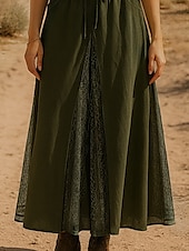 preiswerte Schlichte Röcke-Damen Rock Schwingend Spitzenrock Lässig Boho Maxi Mittlere Taille Röcke Einfarbig Spitze Urlaub Ferien Grün Sommer Polyester