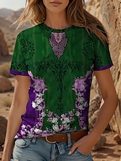 billige Boho t-skjorte-Dame T skjorte Blomstret Grafisk Fargeblokk Bohem Årgang Etnisk Kortermet Crew-hals Rund hals Vanlige topper Daglig Ut på byen Helg Trykt mønster Rød Blå Lilla Grønn Sommer Vår