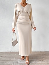 preiswerte Bodenlänge-Kleid Brautmutterkleid Elegant V Ausschnitt Bodenlang Jersey Langarm mit Gerafft 2025