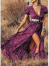 tanie Sukienki boho-Damskie Sukienka maxi Codzienne sukienki Elegancki Dopasowana Nadruk Krótki rękaw W serek Niebieski Fioletowy Brązowy Zielony Lato