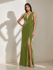 economico BLU-Abito in Velluto Sirena  Tromba Abito da Sera Galà Abito Formale Semi Formale Scollo Profondo Matrimonio Lunghezza Completa Senza Maniche Senza Spalline con Pieghe