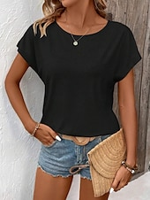 preiswerte Einfarbiges T-Shirt-Damen T-Shirt Einfarbig Einfach Mode Modern Lässig Kurzarm Rundhalsausschnitt Regulär Oberteile Täglich Wochenende Spitze Patchwork Schwarz Weiß Pink Khaki Sommer
