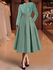 economico Abiti da cocktail-Abiti da cocktail A-line in paillettes elegante abito invitata a matrimonio lunghezza tè maniche lunghe scollo a gioiello in raso con pieghe abiti Derby 2025