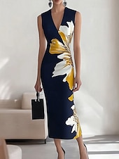 economico Abiti eleganti floreali-Per donna Abito Midi Abito Floreale Abito Stampato Elegante Moda All&#039;aperto Vacanza Ferie Vestibilità regolare Fiore Senza Maniche Scollo a V Blu marino Estate