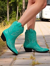 levne Cowboy &amp; Western Boots-Dámské tyrkysové kovbojské boty z umělé kůže, westernové, s vyšívanou špičatou špičkou, do poloviny lýtek, vhodné pro outfity ve venkovském stylu, rodea a venkovní akce.