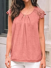billiga Enkel t-shirt-Damernas T-shirt Enfärgad Plain Mode Stilig Klassisk Korta Ärmar Rund Halsringning Regelbundna Toppar Daglig Helg Spets Lappar Svart Blå Grön Khaki Sommar