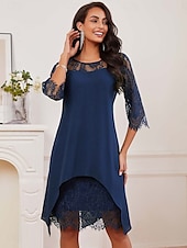 abordables Robe Simple-robe d&#039;invitée de mariage pour femme robe unie robe midi dentelle mousseline patchwork décontracté col rond manches 3/4 robes de cocktail robes formelles couleur bleue