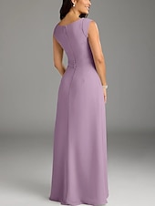 cheap Floor Length-A-Line Mother of the Bride Dress Wedding Guest Elegant Minimalist Crew Neck Floor Length Chiffon Lace Cap Sleeve with Lace Buttons