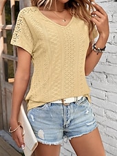 abordables T-shirt uni-Femmes T-shirt Uni Mode Moderne Occasionnel Manche Courte Col en V Hauts Réguliers Quotidien Week-end Œillet Noir Blanche Jaune Rose Claire Été
