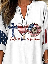 Festa dell'Indipendenza Blusa Patriottica da Donna in Lino Similare Traspirante Leggera Tunica Collo a V Maniche Lunghe Boho Casual Grafica Bandiera Vintage Elegante Tops Regolari Giornaliero Bianco