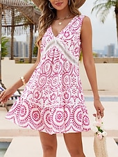 tanie Sukienki boho-Damskie Sukienka mini Sukienka A line Codzienny Na zewnątrz Wyjściowe Regularny Kwiaty Graficzny Bez rękawów W serek Czarny Czerwony Niebieski Zielony Lato Wiosna
