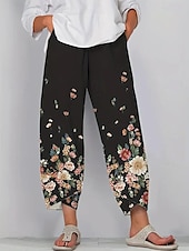preiswerte Gerade geschnittene Hose-Damen Weites Bein Chinos Baggy-Hosen Urlaub Vintage Ethno-Stil Volle Länge Hohe Taille Blumen Grafik Drucken Thermowarm Atmungsaktiv Weich Mikroelastisch Urlaub Straße Lässig Dunkelgrau Rubinrot