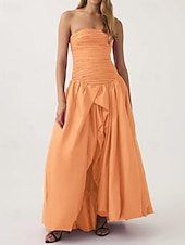 preiswerte Abendkleider-Pinkes A-Linien-Abendkleid, Bubble-Kleid, formelles, halbformelles Hochzeitskleid, bodenlang, ärmellos, trägerlos, Taft mit gerüschtem Schlitz, 2025