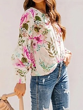 voordelige Bloemen Blouses-Dames Overhemd Afdrukken Bloemig Tropisch Stijlvol Casual Lange mouw Strakke ronde hals Normale tops Dagelijks Wit Blozend Roze Groen Zomer Lente