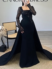 abordables Champagne-Robe de Soirée Sheath  Colonne Robe Élégante Carnaval Formelle Longueur de sol Manches longues Col illusion Détachable Crêpe extensible avec Paillettes et Perles