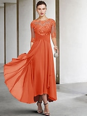 voordelige Vloerlengte-A-Lijn Moeder van de Bruid Jurk Bruidsgast Elegant Plus Size Hoog Laag V-Hals Asymmetrisch Enkel Lengte Chiffon Kant Halve Mouw met Beading Applicaties gratis maatwerk
