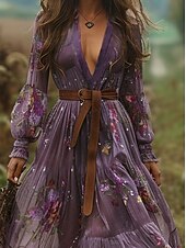 abordables Robes Bohémiennes-Femmes Robe Longue Maxi Robe Robe Décontractée Robe évasée Robe d&#039;été Robe bohème ancien Vacances Quotidien Fête Coupe régulière Fleuri Graphique manche longue Col en V Violet Été