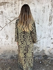 preiswerte Kleider für die Ferien-Damen Maxikleid A Linie Kleid Lässig Outdoor Ausgehen Normale Passform Leopard Langarm V Ausschnitt Weiß Himmelblau Dunkelgrün Grün Sommer