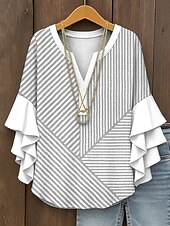 tanie Damskie topy w paski i geometryczne-Damskie Bluzka Graficzny Geometryczny Prążki Zabytkowe Codzienny Elegancki Rękaw 3/4 W serek Zwykłe topy Codzienny Święto Ubrania wakacyjne Falbana Nadruk Czarny Żółty Rumiany róż Niebieski Fioletowy