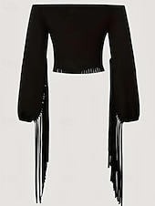preiswerte Boho Tops-Damen Boho-Hemd Bluse Einfach Boho Langarm Schulterfrei Crop Tops Ferien Ausgehen Fransen Schwarz Braun Sommer