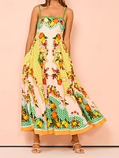 economico abiti stampati in cotone e lino-Per donna Abito Lungo Maxi Abito Abiti in cotone e lino Vestito Casual Abito Sottoveste Moda All&#039;aperto Feste Ferie Vestibilità regolare Frutta Senza Maniche Spalline sottili Giallo Estate