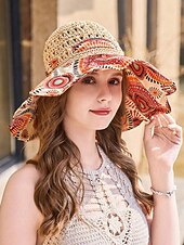 cheap Women&#039;s Hats-Women&#039;s Wide Brim Straw Sun Hat with Colorful Ethnic Print Bow – Boho Style Foldable Beach Hat for Summer Travel and Vacation