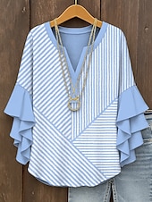 tanie Damskie topy w paski i geometryczne-Damskie Bluzka Graficzny Geometryczny Prążki Zabytkowe Codzienny Elegancki Rękaw 3/4 W serek Zwykłe topy Codzienny Święto Ubrania wakacyjne Falbana Nadruk Czarny Żółty Rumiany róż Niebieski Fioletowy