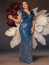 baratos Champanhe-Vestidos Sereia  Trompete Plus Size Vestido Elegante Curvas Formal Casamento Comprimento do Chão Sem Mangas Decote em V Com Lantejoulas com Lantejoulas