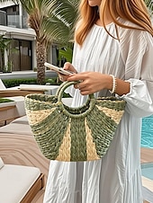 abordables Cabas et fourre-tout-Sac de plage élégant en paille tressée pour femme avec poignées circulaires, grande capacité, design bohème écologique, parfait pour l&#039;été, les vacances et les excursions d&#039;une journée