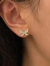 billiga Kvinnors örhänge-Damörhängen med fjärils-pärlor i guld med kedja, asymmetrisk design, elegant kristallfjärilsdesign, lämpliga för fest och vardagskläder