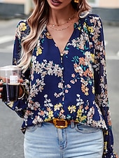billige Boho topper-Dame Boho skjorte Bluse Blomsternål i krystall Moderne Bohem Langermet V-hals Vanlige topper Daglig Ut på byen Trykt mønster Svart Navyblå Blå Aprikos Sommer