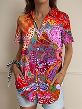abordables Hauts d&#039;Art et de Design pour Femmes-Femmes Chemise Graphique Géométrique Abstrait ancien Tropical Quotidien Manche Courte Col de chemise Hauts Réguliers Quotidien Rouge Bleu Violet Vert Été Printemps