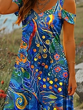 preiswerte Kunst &amp; Design Kleider-Damen Minikleid A Linie Kleid Sommerkleid Urlaub Lässig Täglich Ferien Normale Passform Grafik Abstrakt Kurzarm V Ausschnitt Rote Blau Grün Sommer