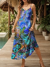 cheap Art&amp;Design Dress-Women&#039;s Maxi Dress Sundress A Line Dress Slip Dress Vacation Casual Flowy Beach Regular Fit Floral Graphic Animal Sleeveless V Neck Spaghetti Strap Yellow Red Blue Purple Summer Spring