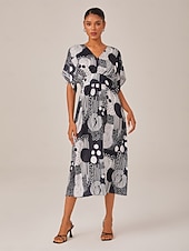 economico Abiti floreali-nero  &amp;abito midi con scollo a V e pois astratti bianchi