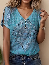 billige Boho t-skjorte-Dame T skjorte Grafisk Paisly Årgang Stilfull Klassisk Kortermet V-hals Vanlige topper Daglig Ut på byen Helg Trykt mønster Blå Fuksia Oransje Sommer Vår