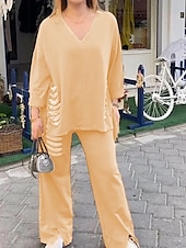 abordables Ensembles-Femmes Actif Mode Chemises en coton et lin Chemisier Ensembles de Pantalons manche longue Col en V Couleur Unie Paillettes Vacances Décontracté Quotidien Noir Blanche Rouge Été Coupe régulière