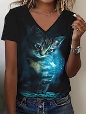 billige Dyrene tee-Dame T skjorte Sommertopper Grafisk Katt Klassisk Fritid Kortermet V-hals Crop Tops Daglig Helg Trykt mønster Regnbue Sommer Vår Høst