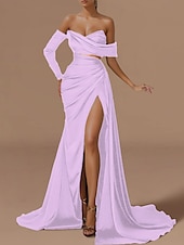 cheap GREEN-Beach Wedding Mermaid Evening Gown Sexy Dress Formal Wedding Guest Floor Length Long Sleeve Off Shoulder Satin with Ruched Slit Masquerade Dress