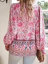 preiswerte Boho Tops-Damen Hemd Boho-Hemd Sommeroberteile Blume Täglich Stilvoll Lässig Langarm V Ausschnitt Normale Oberteile Arbeit Täglich Ferien Druck Rosa Marineblau Blau Frühling Herbst