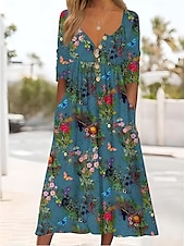 cheap Floral Dress-Women&#039;s Midi Dress Casual Dress Sundress A Line Dress Summer Dress Vacation Casual Beach Holiday Loose Fit Floral Graphic Short Sleeve Crew Neck White Ivory Dark Green Dusty Blue Summer
