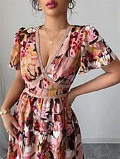abordables Robes de cocktail-Robe de Quinceanera A-Line Robe élégante Mariage Invité de mariage Longueur thé À manches courtes Col en V Chiffon avec imprimé floral Robe d&#039;invitée de mariage 2025