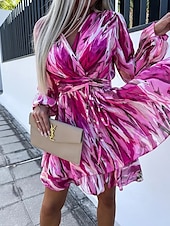 abordables Robes fleuries décontractées-Femmes Mini Robe Robe Décontractée Mode Extérieur Soirée Fête Coupe régulière Graffiti manche longue Col en V Violet Été